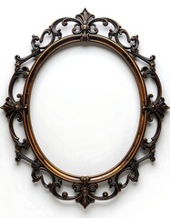 Elaborate, oval, gilded frame with ornate details and fleur-de-lis accents against a crisp white backdrop
