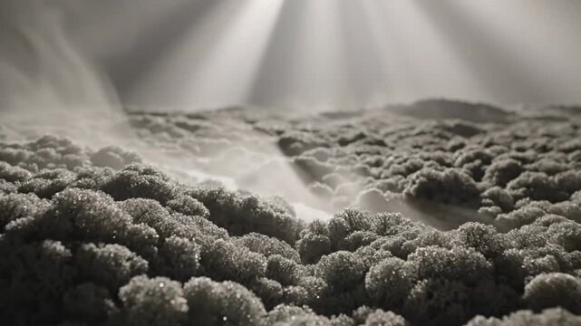 High-angle close-up shot of a textured surface with a rugged, bumpy terrain and a dusty atmosphere,