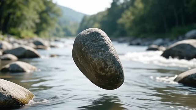 Surreal Levitating Rock Floating Above a Flowing River Stream