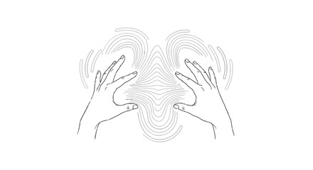 Naklejka premium Minimalist line art illustration of hands interacting with abstract waves.