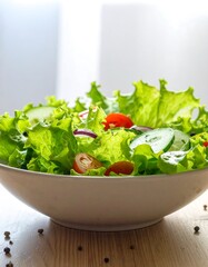 Fresh, vibrant salad in a bowl with crisp lettuce, sliced cucumbers, tomatoes, and onions, set on a wood surface