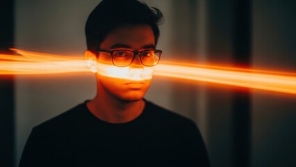 Face illuminated by motion blur light strip