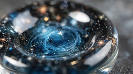 Close Up Abstract Of Glass Sphere With Blue Nebula And Sparkling Golden Light On Dark Gray Surface Creating A Miniature Galaxy
