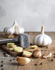 Garlic and a metal garlic press on a wooden board, rustic kitchen still life, light neutral background