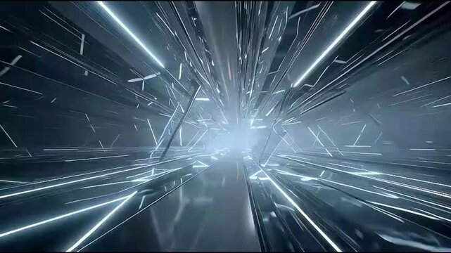 Futuristic tunnel with neon lights and metallic surfaces.
