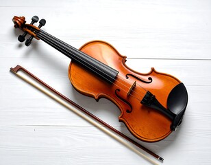 A violin and bow on a white wooden surface