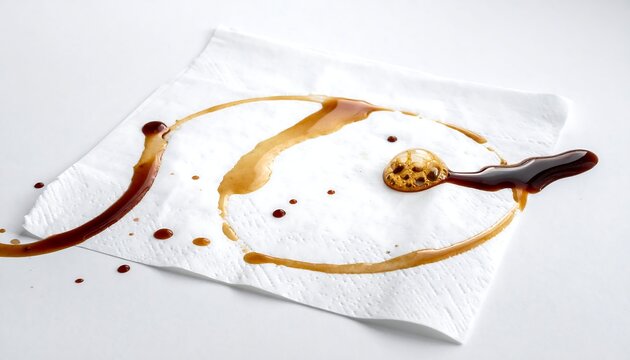 Coffee spills and stains on a white paper napkin, macro view
