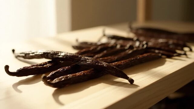 Close-up of dried, dark vanilla bean pods arranged on a light wood surface
