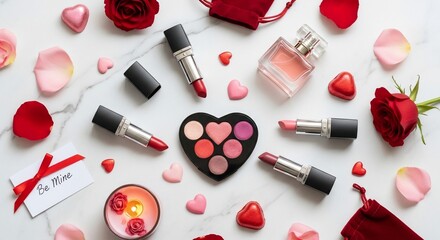 Makeup Products and Roses on White Surface.