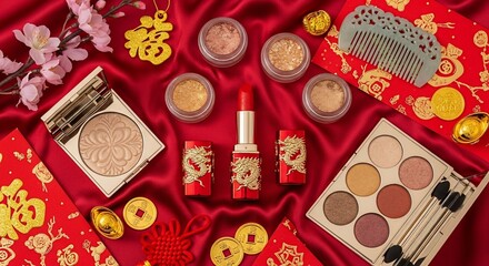 Makeup Products Arranged on Red Velvet Fabric.