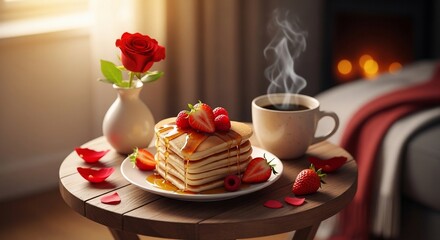 Pancakes with Strawberries and Coffee Breakfast.