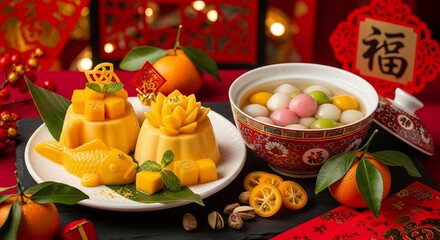 Traditional Chinese New Year Food Dumplings Tangerines.