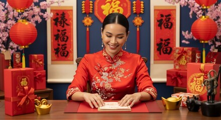 Woman in traditional Chinese dress writing.