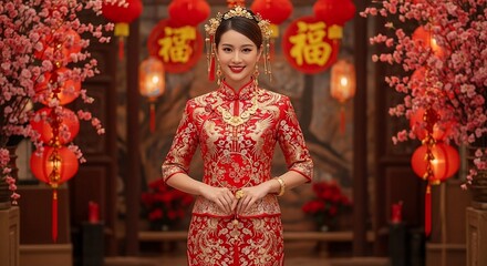 Woman in Traditional Chinese Wedding Dress.