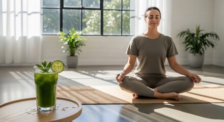 Woman Meditating with Green Juice in Serene Room.