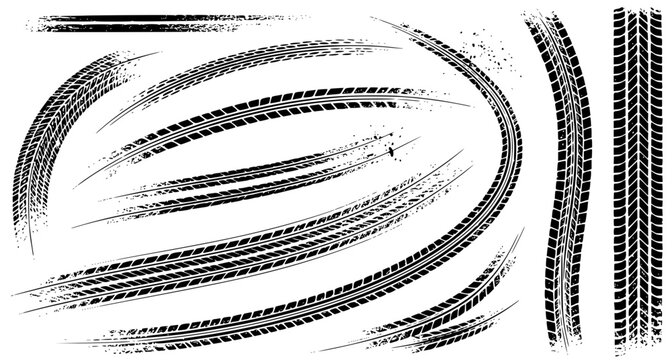 Automotive drifting marks with distressed grunge texture Set of black car tire tread marks and skid trails