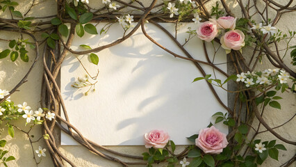 Romantic Valentine Blank Card with Intertwined Spring Vines, Roses, and Jasmine Flowers