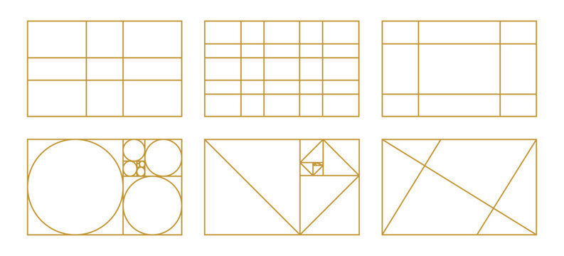Golden ratio simple template. Fibonacci array, numbers forms. Big set of golden section method samples.