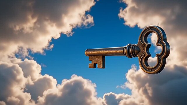 Surreal Vintage Key Unlocking a Crack in the Blue Sky and Clouds