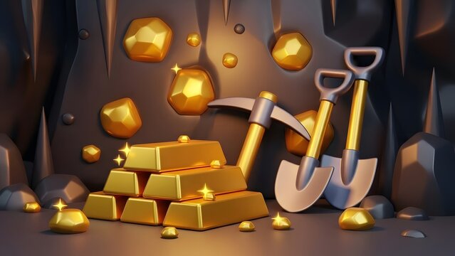 3D illustration of a rich gold mine with shining gold bars, raw nuggets, and essential mining tools like pickaxe and shovels, representing wealth, treasure, and financial success