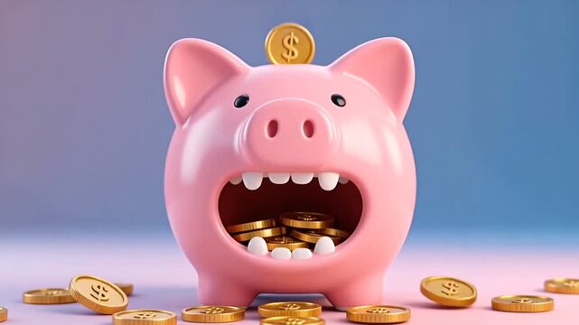 Funny Surreal Piggy Bank Character Eating Falling Gold Coins