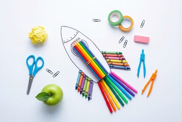 Naklejka premium Flat lay of colorful pencils and stationery arranged as rocket ship on white paper