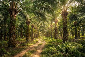 Obraz premium Dense palm oil plantation with arched green trees over path
