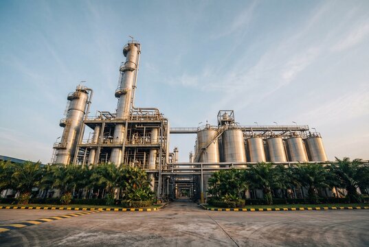 Palm oil processing plant with distillation towers and tanks