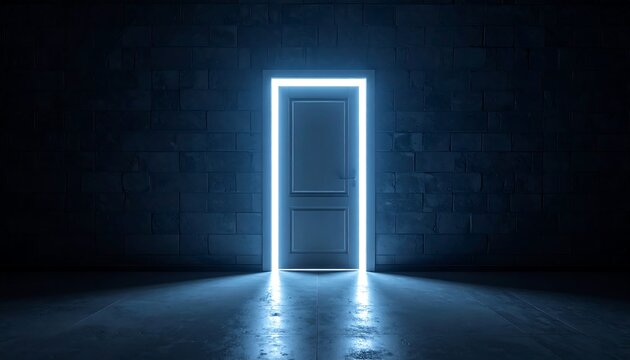 Glowing door frame illuminates a dark room with brick wall and smooth floor, creating mysterious atmosphere