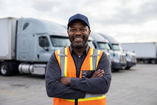 Smiling african american truck driver standing with arms crossed in front of white semi trucks