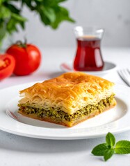 Golden baklava slice with green filling on white plate, tea & tomatoes in background, bright, crisp, & inviting