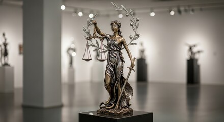 Themis statue with scales and sword on pedestal in modern art gallery with white walls and spotlights