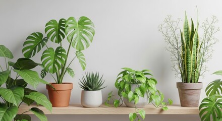 Fototapeta premium Diverse collection of popular houseplants including Monstera and Snake Plant on a wooden shelf against a plain white wall, showcasing variety and lush greenery.
