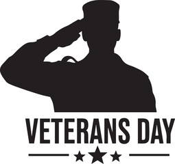 Black silhouette of soldier saluting with Veterans Day text and stars