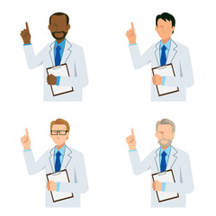 Set of flat illustrations of multinational male doctors giving advice by pointing