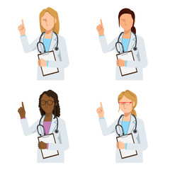 Set of flat illustrations of multinational female doctors giving advice by pointing