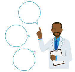 Simple flat illustration of a black male doctor giving advice, speech bubble, comment balloon