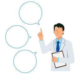 Simple flat illustration of an Asian male doctor giving advice, speech bubble, comment balloon