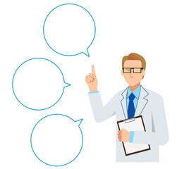 Simple flat illustration of a Caucasian male doctor giving advice, speech bubble, comment balloon
