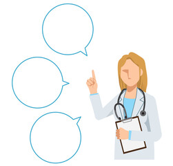 Simple flat illustration of a Caucasian female doctor giving advice, speech bubble, comment balloon