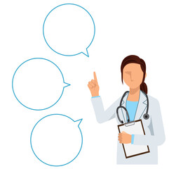 Simple flat illustration of a Asian female doctor giving advice, speech bubble, comment balloon