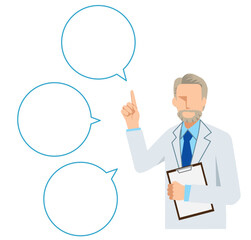 Simple flat illustration of a Caucasian male doctor giving advice, speech bubble, comment balloon