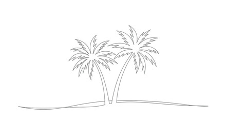 Obraz premium Minimalist black and white line art illustration of two palm trees on a sandy beach with gentle waves in the background