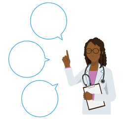 Simple flat illustration of a Black female doctor giving advice, speech bubble, comment balloon