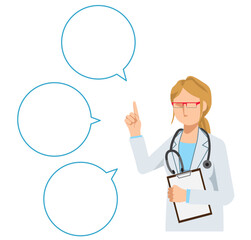 Simple flat illustration of a Caucasian female doctor giving advice, speech bubble, comment balloon