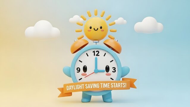 Whimsical 3D illustration of a cute alarm clock and smiling sun marking the start of Daylight Saving Time, surrounded by fluffy clouds on a vibrant gradient background