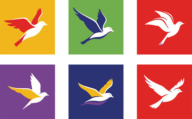 Naklejka premium Six flying doves in different colored squares flying birds colorful squares white birds