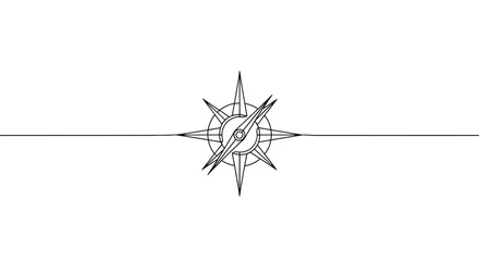 Minimalist black and white line art illustration of a stylized compass rose centered on a thin horizontal line against a stark white background © Line Home