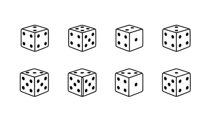 Minimal black dice vector icons showing sides one to six for gambling and gaming apps