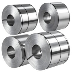 Four shiny, metallic coils tightly wound and stacked, revealing sleek, reflective, cylindrical shapes in even lighting